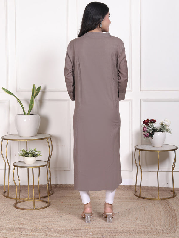Miramaar Women's Cotton Brown Mandarin Collar Straight Kurti