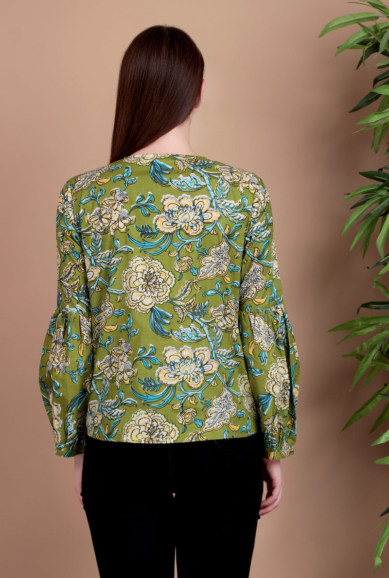 Miramaar Women's Cotton V-Neck Green Printed Top