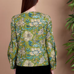 Miramaar Women's Cotton V-Neck Green Printed Top