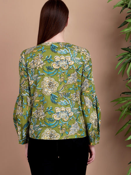 Miramaar Women's Cotton V-Neck Green Printed Top