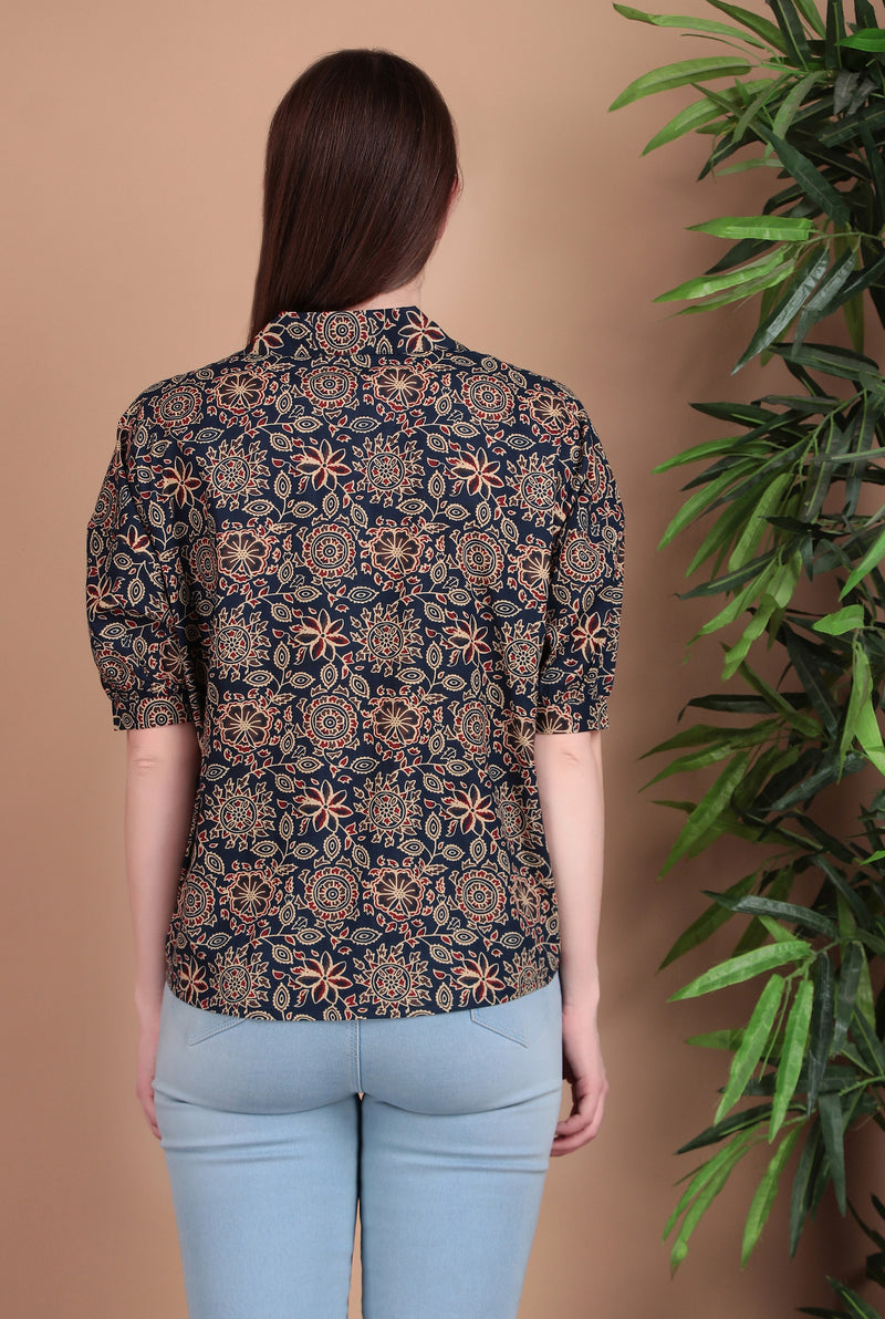 Miramaar Women's Cotton Printed Blue Regular Top