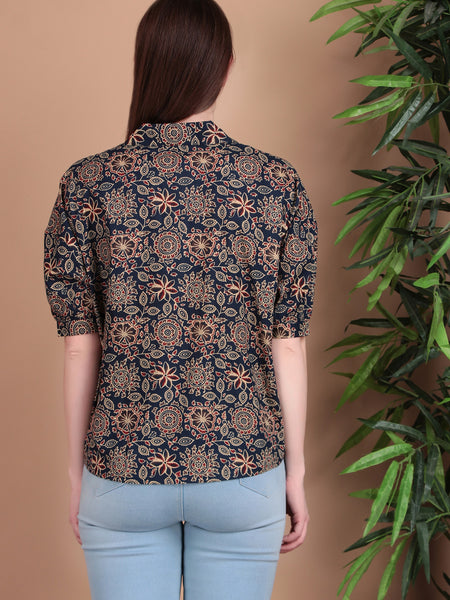 Miramaar Women's Cotton Printed Blue Regular Top