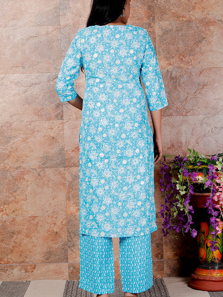 Miramaar Women's Light Blue Embroidered Straight Kurta Pant Set
