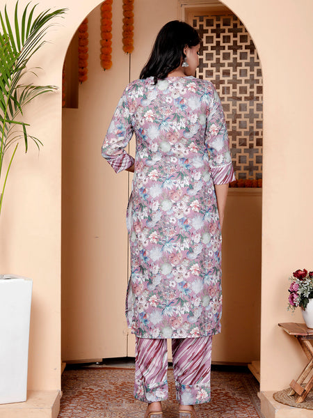 Miramaar Women's Multicolor Printed Linen Straight Kurta Dupatta Set