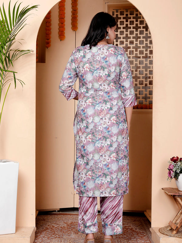 Miramaar Women's Multicolor Printed Linen Straight Kurta Dupatta Set