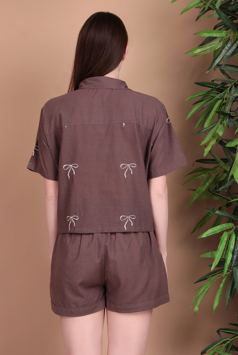Miramaar Women's Brown Cotton Flex Top & Shorts Co-ord Set