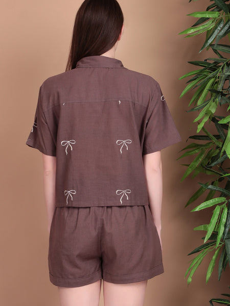 Miramaar Women's Brown Cotton Flex Top & Shorts Co-ord Set