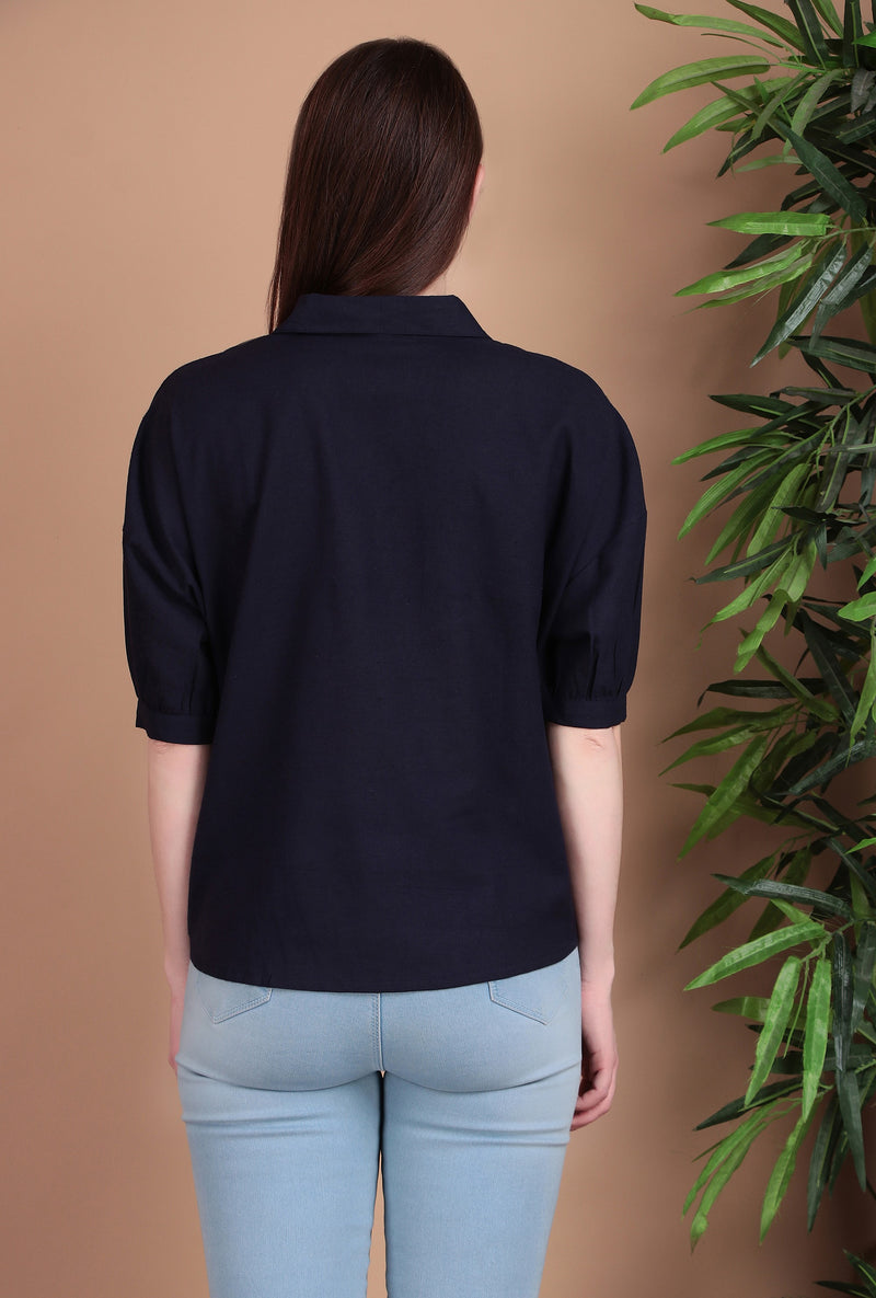 Miramaar Women's Cotton Flex Solid Blue Regular Top