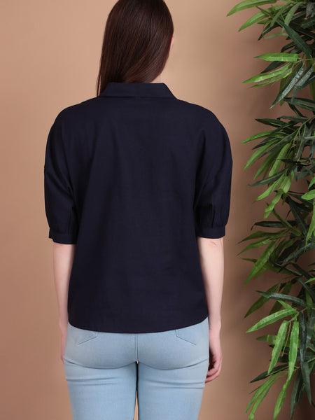 Miramaar Women's Cotton Flex Solid Blue Regular Top