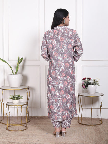 Miramaar Women's Brown Printed Cotton V-Neck Straight Kurta Pant with Dupatta