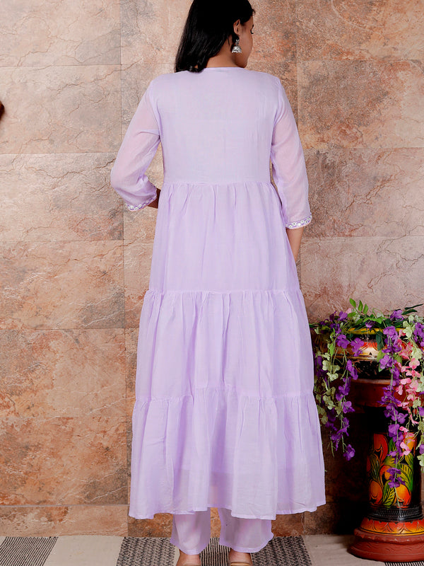 Miramaar Women's Purple Anarkali Embroidered Kurta Pant Dupatta Set