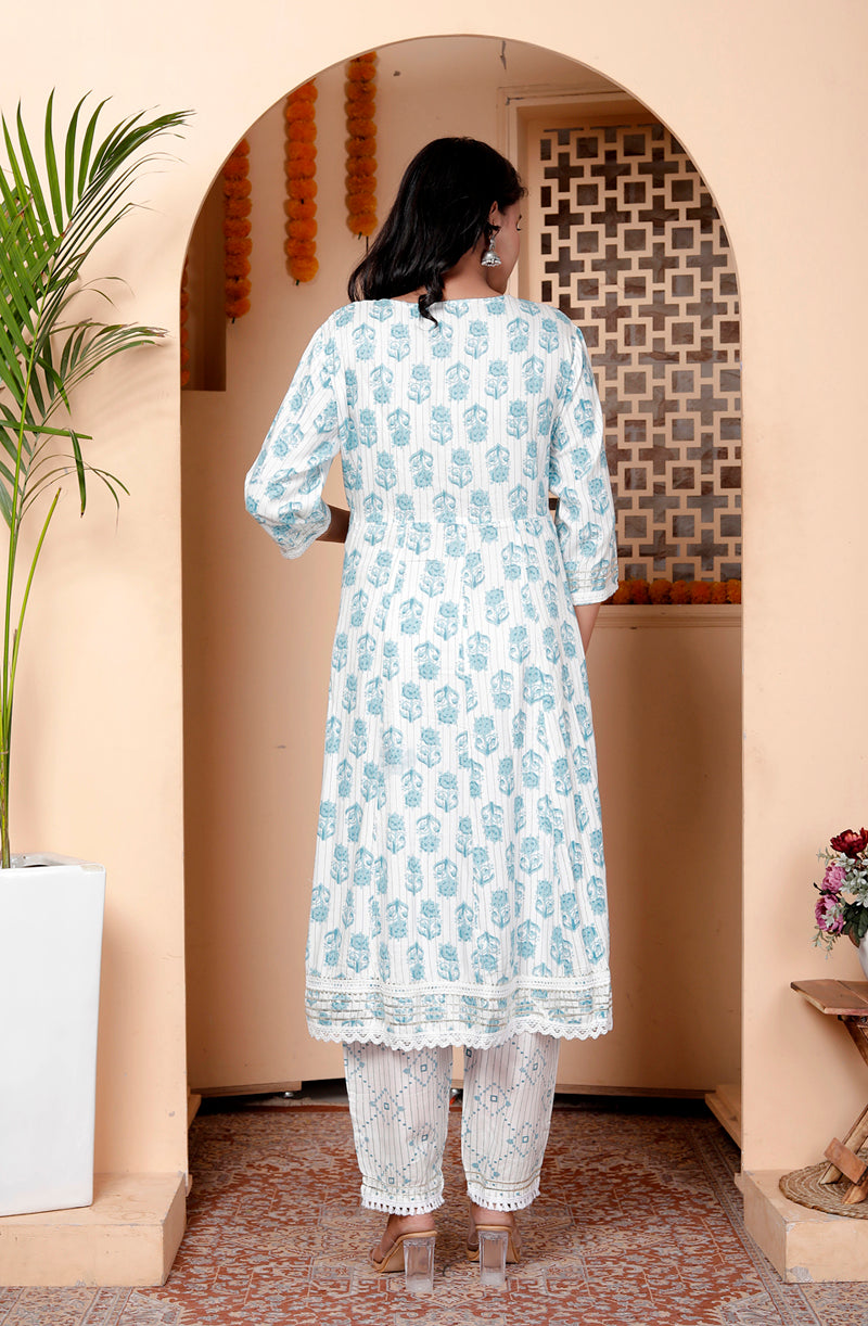 Miramaar Women's Off White & Blue Rayon Round Neck A-line Kurta Set with Dupatta