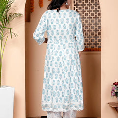 Miramaar Women's Off White & Blue Rayon Round Neck A-line Kurta Set with Dupatta