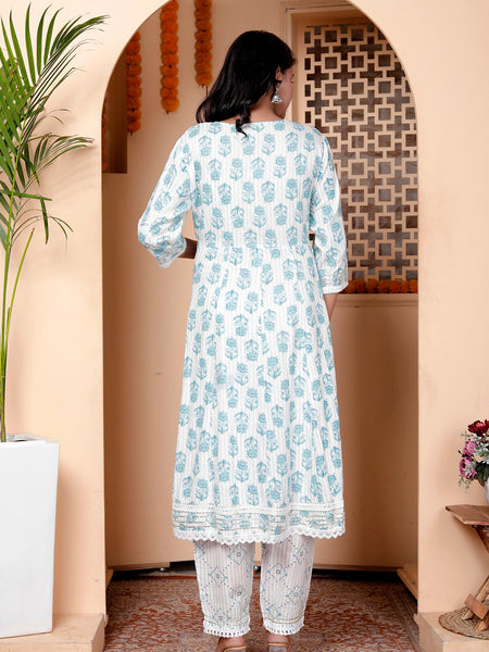 Miramaar Women's Off White & Blue Rayon Round Neck A-line Kurta Set with Dupatta