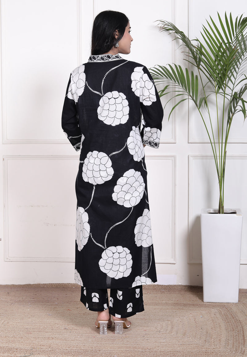 Miramaar Women's Black Straight Printed Kurta Pant Dupatta Set