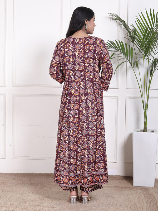 Miramaar Women's Purple Cotton Anarkali Adda Work Kurta Set