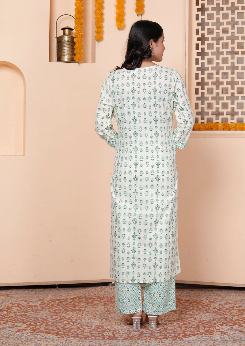 Miramaar Women's White & Green Round Neck Embroidered Straight Kurta Pant with Dupatta
