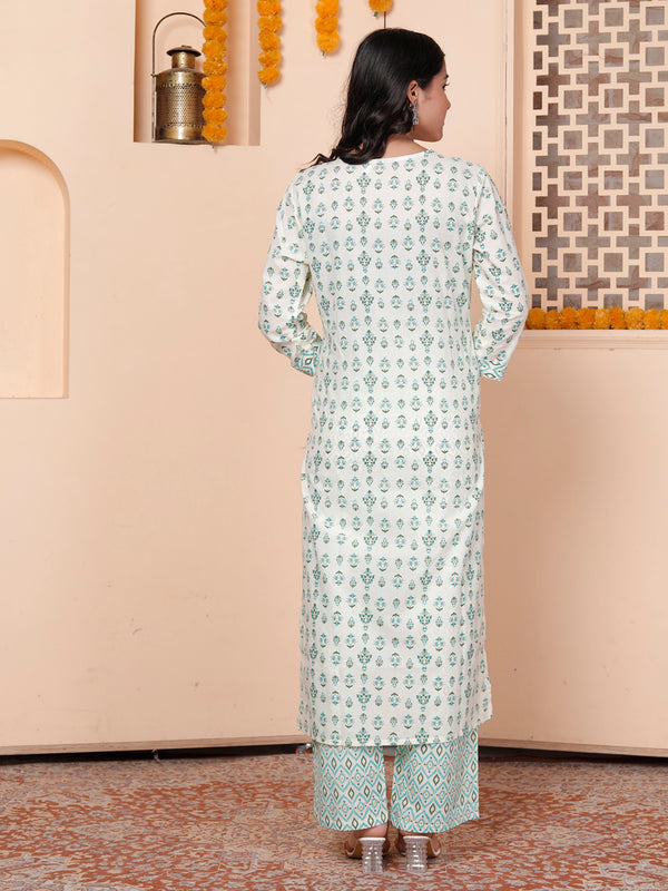 Miramaar Women's White & Green Round Neck Embroidered Straight Kurta Pant with Dupatta