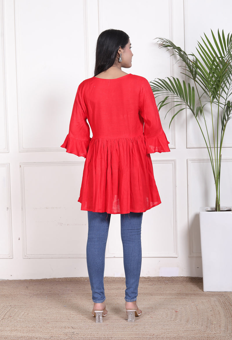 Miramaar Women's Rayon Embroidered Red Top