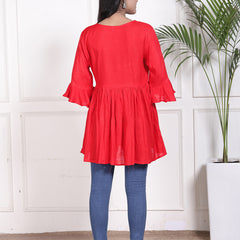 Miramaar Women's Rayon Embroidered Red Top