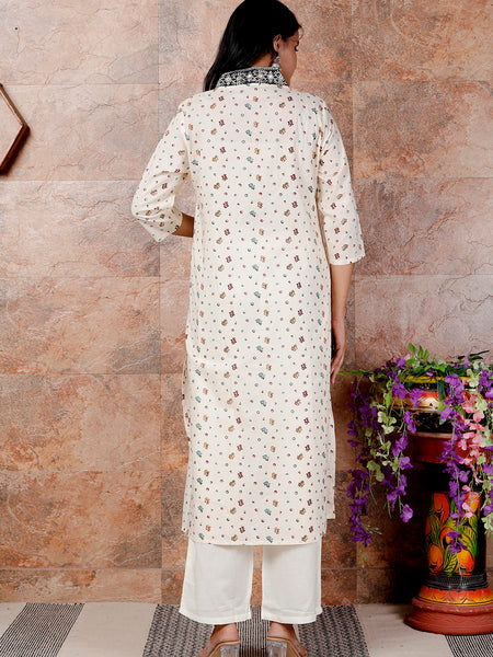 Miramaar Women's Off White Printed Cotton Straight Kurta Pant with Dupatta