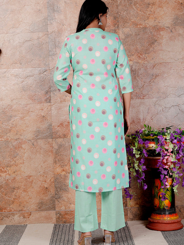 Miramaar Women's Green Poly Linen Straight Adda Work Kurta Set with Dupatta