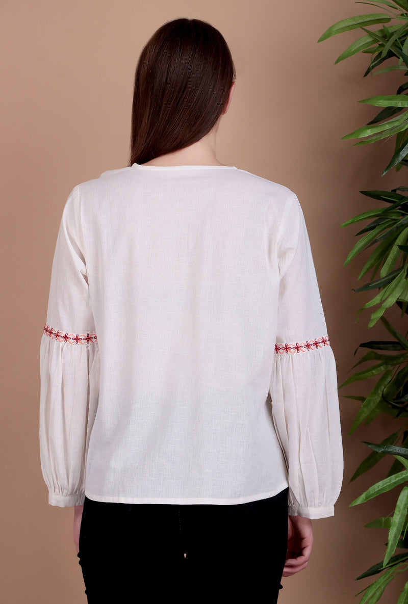 Miramaar Women's Cotton Flex Collared White Solid Embroidered Top