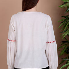 Miramaar Women's Cotton Flex Collared White Solid Embroidered Top