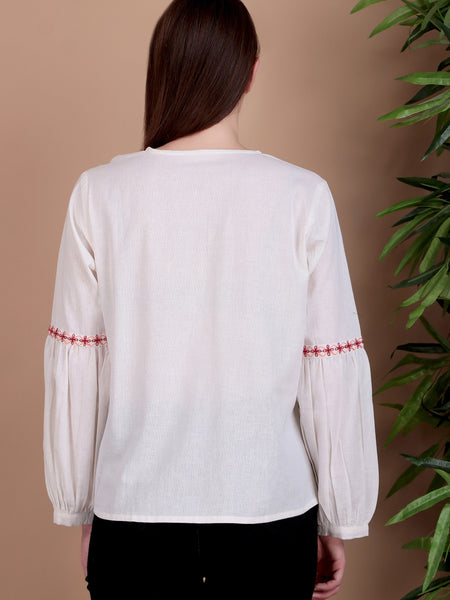 Miramaar Women's Cotton Flex Collared White Solid Embroidered Top