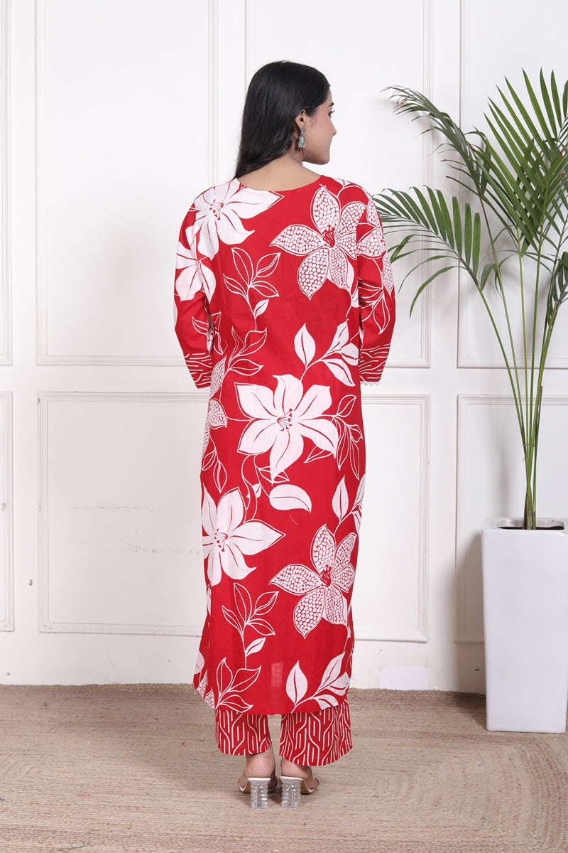 Miramaar Women's Red Printed A-line Cotton Adda Work Kurta Set with Dupatta
