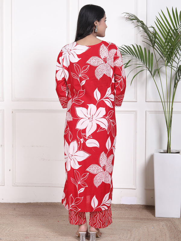 Miramaar Women's Red Printed A-line Cotton Adda Work Kurta Set with Dupatta