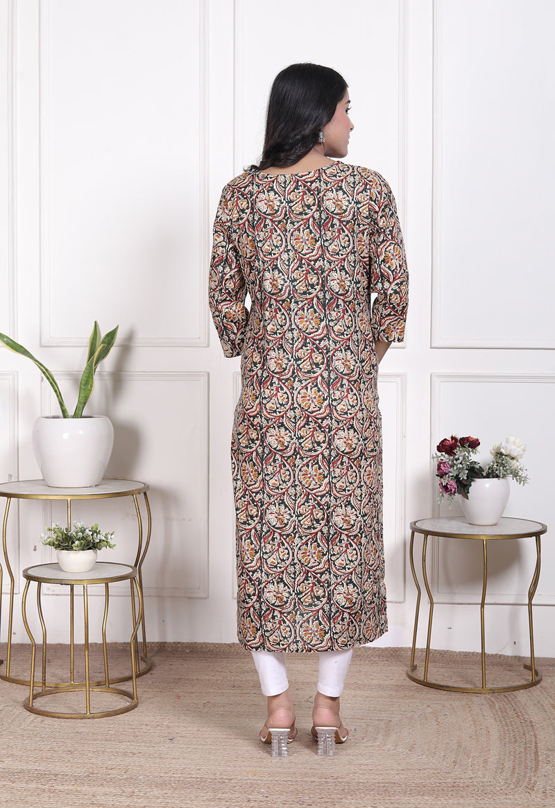 Miramaar Women's Green Lace Work Round Neck Straight Rayon Kurti