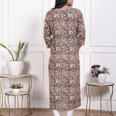 Miramaar Women's Green Lace Work Round Neck Straight Rayon Kurti