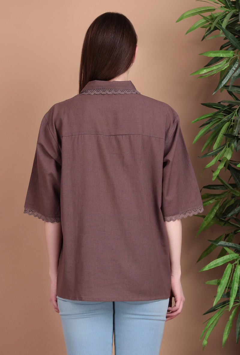 Miramaar Women's Cotton Flex Spread Collar Brown Solid Lace Work Top