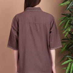 Miramaar Women's Cotton Flex Spread Collar Brown Solid Lace Work Top