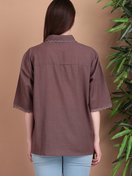 Miramaar Women's Cotton Flex Spread Collar Brown Solid Lace Work Top