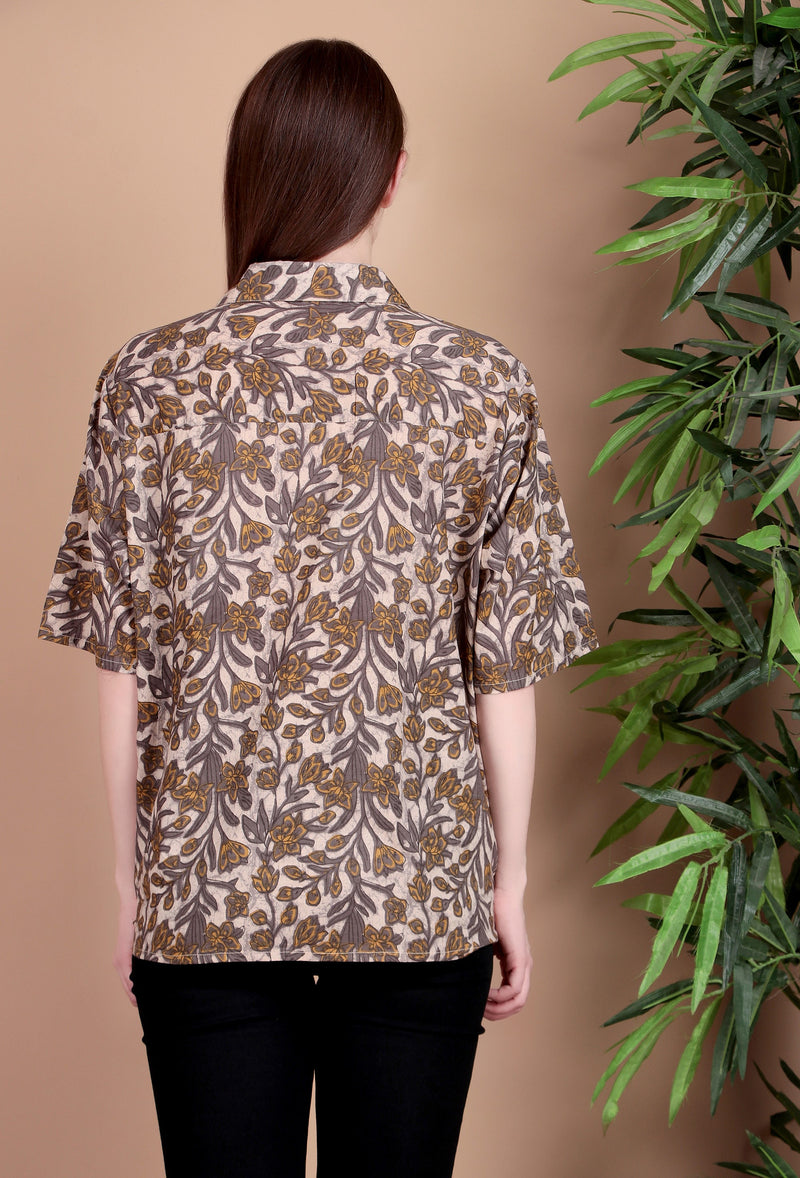 Miramaar Women's Cotton Spread Collar Beige Printed Top