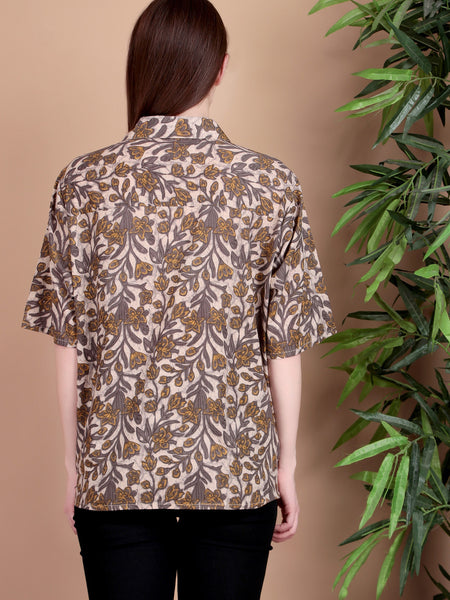 Miramaar Women's Cotton Spread Collar Beige Printed Top