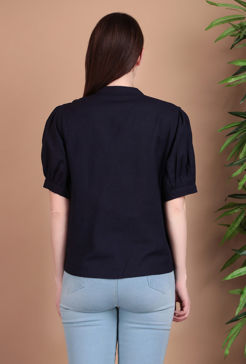 Miramaar Women's Cotton Flex Solid Blue Pintex Top