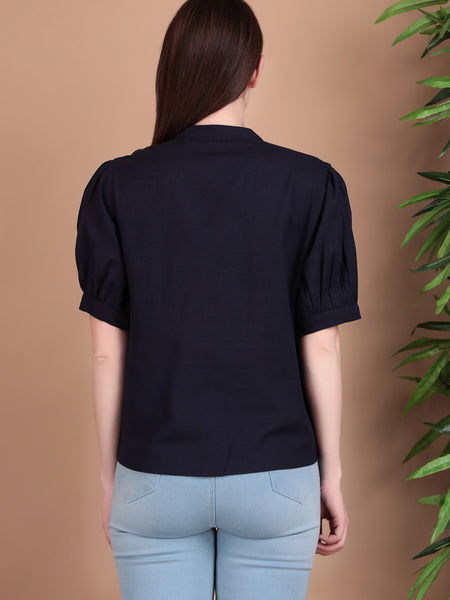 Miramaar Women's Cotton Flex Solid Blue Pintex Top