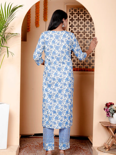 Miramaar Women's Beige & Blue Embroidered Kurta Pant with Dupatta