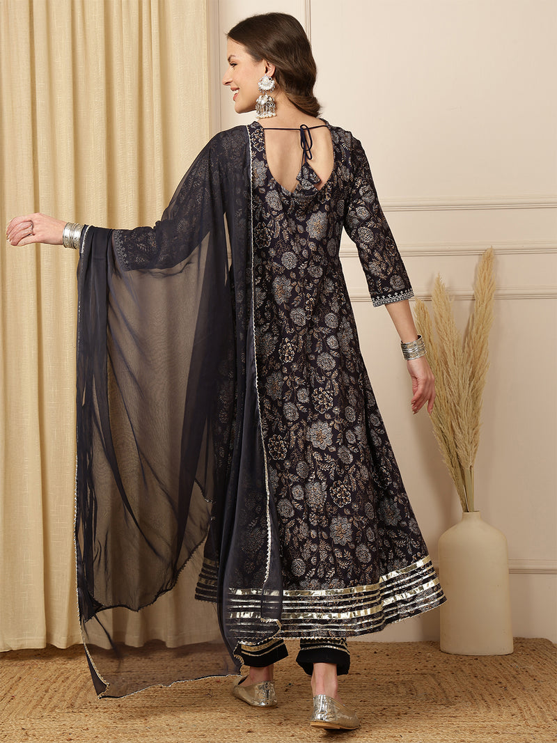 Miramaar Women's Black Foil Printed Rayon Embroidered Anarkali Kurti