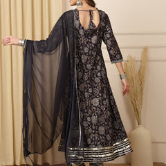 Miramaar Women's Black Foil Printed Rayon Embroidered Anarkali Kurti