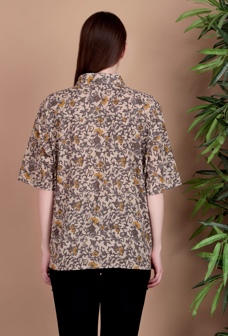 Miramaar Women's Cotton Spread Collar Brown Printed Top