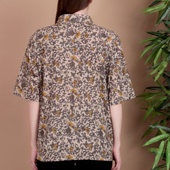Miramaar Women's Cotton Spread Collar Brown Printed Top