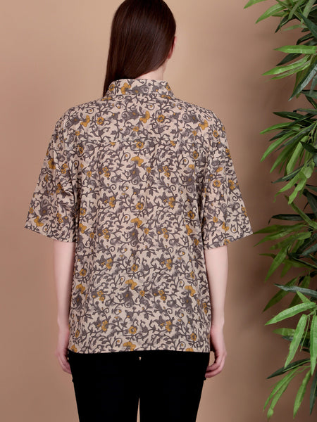 Miramaar Women's Cotton Spread Collar Brown Printed Top