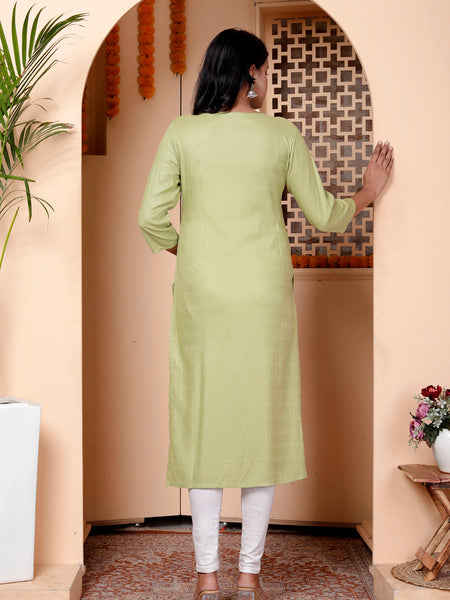 Miramaar Women's Green Linen Straight Embroidered Kurtis