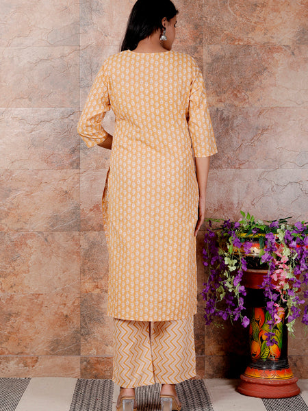 Miramaar Women's Mustard Cotton Straight Neck Embroidered Kurta Set with Dupatta