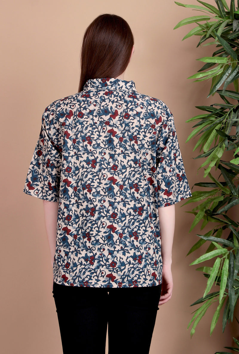 Miramaar Women's Cotton Spread Collar Blue Printed Top