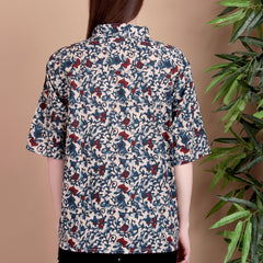 Miramaar Women's Cotton Spread Collar Blue Printed Top